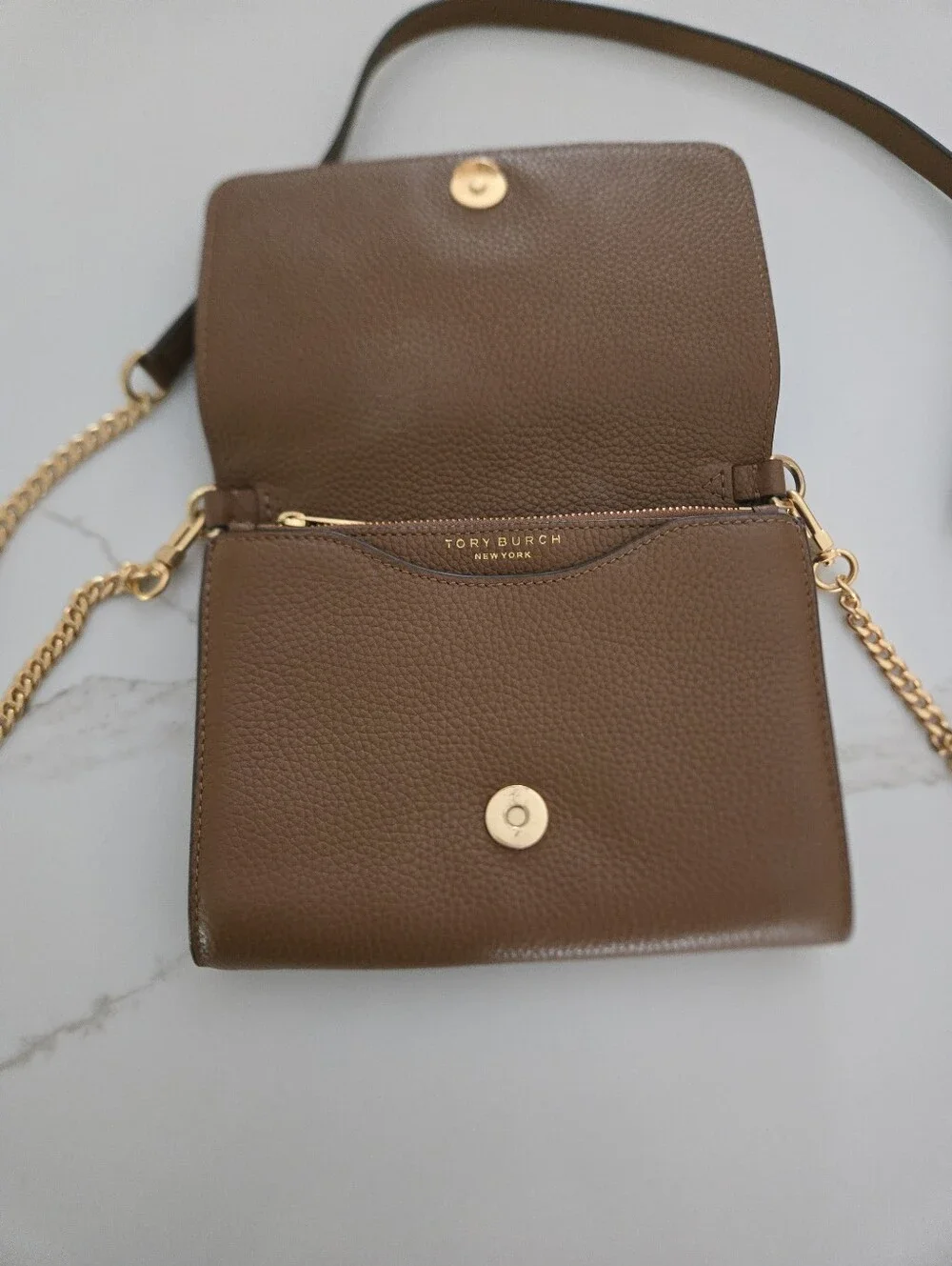 Tory Burch Brown Leather Crossbody with Gold Logo